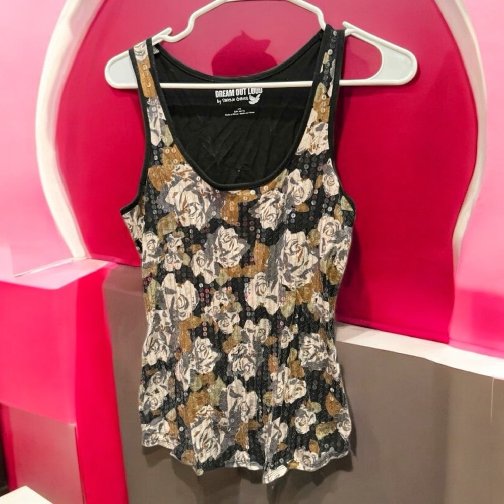Selena Gomez sequin Women's Floral Tank Top - Black, Gold, White LARGE